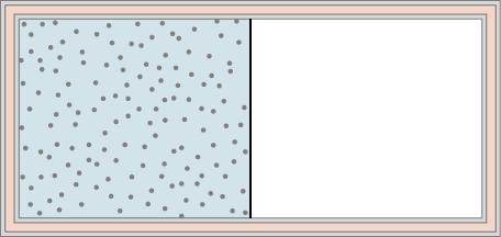 The figure is an illustration of a container with a partition in the middle dividing it into two chambers.  The outer walls are insulated. The chamber on the left is full of gas, indicated by blue shading and many small dots representing the gas molecules. The right chamber is empty.