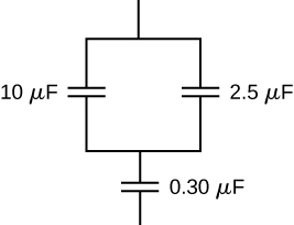 A figura mostra capacitores de valor 10 micro Farad e 2,5 micro Farad conectados em paralelo entre si. Eles são conectados em série com um capacitor de valor 0,3 micro Farad.