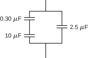 A figura mostra capacitores de valor 0,3 micro Farad e 10 micro Farad conectados em série entre si. Eles são conectados em paralelo com um capacitor de valor 2,5 micro Farad.