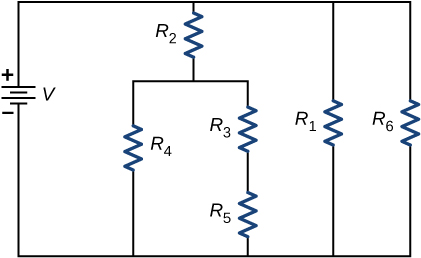 A figura mostra um circuito com terminal positivo da fonte de tensão V conectado a três ramificações paralelas. O primeiro ramo tem o resistor R subscrito 2 conectado a ramificações paralelas com a série R subscrito 4 e R subscrito 3 com R subscrito 5. O segundo ramo tem resistor R subscrito 1 e o terceiro ramo tem resistor R subscrito 6.