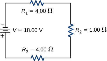 A figura mostra o terminal negativo de uma fonte de tensão de 18 V conectada a três resistores em série, R subscrito 1 de 4 Ω, R subscrito 2 de 1 Ω e R subscrito 3 de 4 Ω.