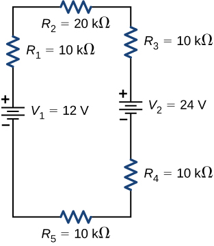 A figura mostra o terminal positivo da fonte de tensão V subscrito 1 de 12 V conectado em série ao resistor R subscrito 1 de 10 kΩ conectado em série ao resistor R subscrito 2 de 20 kΩ conectado em série ao resistor R subscrito 3 de 10 kΩ conectado em série ao terminal positivo da fonte de tensão V subscrito 2 de 24 V conectado em série ao resistor R subscrito 4 de 10 kΩ conectado em série ao resistor R subscrito 5 de 10 kΩ.