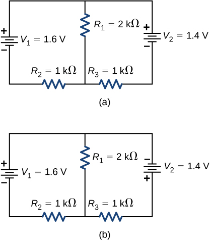 Part a shows positive terminal of voltage source V subscript 1 of 1.6 V connected to parallel branches, one with resistor R subscript 1 of 2 kΩ and second with positive terminal of voltage source V subscript 2 of 1.4 V and resistor R subscript 3 of 1 kΩ. The two branches are connected back to V subscript 1 through resistor R subscript 2 of 1 kΩ. Part b shows the same circuit as part a but the terminals of V subscript 2 are reversed.