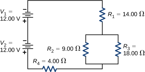 A figura mostra duas fontes de tensão em série de 12 V, cada uma com terminais negativos ascendentes conectados a quatro resistores. As fontes são conectadas em série ao resistor R subscrito 1 de 14 Ω conectado em série a dois resistores paralelos, R subscrito 2 de 9 Ω e R subscrito 3 de 18 Ω conectado em série ao resistor R subscrito 4 de 4 Ω.