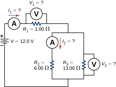 O circuito mostra o terminal positivo da fonte de tensão V de 12 V conectada a um amperímetro conectado ao resistor R subscrito 1 de 1 Ω com voltímetro através dele conectado a duas ramificações paralelas. O primeiro ramo tem um amperímetro conectado ao resistor R subscrito 2 de 6 Ω e o segundo ramo tem R subscrito 3 de 13 Ω e um voltímetro através dele.