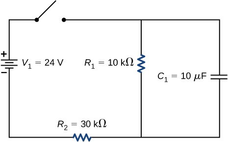 La borne positive de la source de tension V indice 1 de 24 V est connectée à un interrupteur ouvert. L'autre extrémité du commutateur est connectée à deux branches parallèles, l'une avec la résistance R indice 1 de 10 kΩ et l'autre avec un condensateur C de 10 μF. Les deux branches sont connectées à la source V indice 1 par l'intermédiaire de la résistance R indice 2 de 30 kΩ.