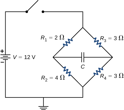 O terminal positivo da fonte de tensão V de 12 V é conectado a um interruptor aberto. A outra extremidade do switch está conectada a duas ramificações paralelas. O primeiro ramo tem resistores R subscrito 2 de 2 Ω e R subscrito 2 de 4 Ω. O segundo ramo tem resistores R subscrito 3 de 3 Ω e R subscrito 4 de 3 Ω. As duas ramificações são conectadas no meio usando o capacitor C. As outras extremidades das ramificações são aterradas.