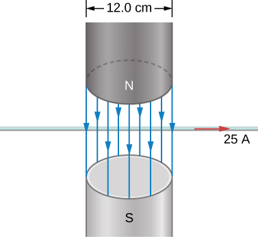 O campo no espaço vertical de um eletroímã aponta para baixo. O espaço tem 12,0 cm de largura. Um fio horizontal passa pela abertura e carrega uma corrente de 25 A, fluindo para a direita.