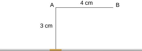 Cette figure montre un morceau de fil. Le point A est situé à 3 centimètres au-dessus du segment de fil de 0,5 mm. Le point B est situé à 4 centimètres à droite du point A.