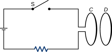 La figure montre un circuit composé d'une résistance, d'un condensateur, d'un interrupteur ouvert et d'une boucle C. Une boucle D est située à côté de la boucle C.
