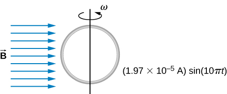 La figure montre une boucle circulaire de fil montée sur un arbre vertical et tournée dans une région de champ magnétique uniforme perpendiculaire à l'axe de rotation.