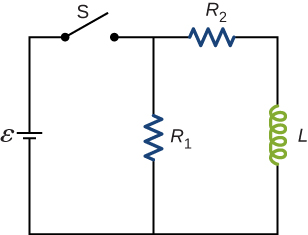 La figure montre un circuit avec la résistance R1 connectée en série à la batterie epsilon, via un interrupteur ouvert S. R1 est parallèle à la résistance R2 et à l'inducteur L.