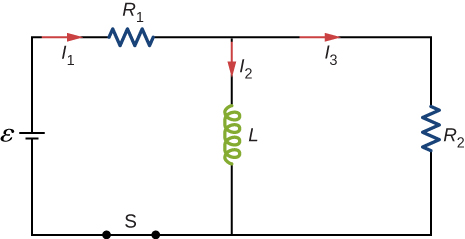 La figure montre un circuit dans lequel R1 et L sont connectés en série à une batterie epsilon et à un interrupteur fermé S. R2 est connecté en parallèle avec L. Les courants traversant R1, L et R2 sont respectivement I1, I2 et I3.