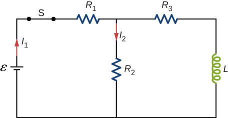 Figure shows a circuit with R1 and R2 connected in series with a battery, epsilon and a closed switch S. R2 is connected in parallel with L and R3. The currents through R1 and R2 are I1 and I2 respectively.