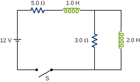 Une batterie de 12 volts est connectée en série avec une résistance de 5 ohms, une inductance Henry de 1, une résistance de 3 ohms et un interrupteur ouvert S. En parallèle à la résistance de 3 ohms se trouve une inductance Henry de 2.
