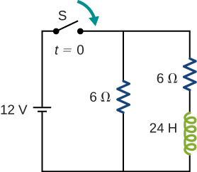 Une batterie de 12 volts est connectée à une résistance de 6 ohms et à un interrupteur S ouvert à l'instant t=0. Une autre résistance de 6 ohms et une inductance Henry 24 sont connectées en parallèle à la résistance de 6 ohms.