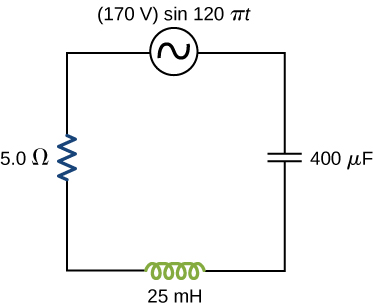 Figure shows a circuit with a voltage source 170 V, sine 120 pi t, a resistor of 5 ohm, a capacitor of 400 microfarad and an inductor of 25 milihenry all connected in series.