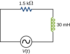 Circuit en série avec source de tension, parenthèses en V entre parenthèses, une inductance de 30 mH et une résistance de 1,5 kilo ohms
