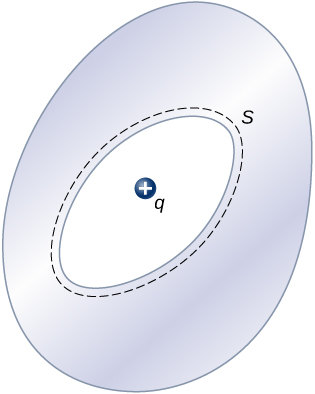 A figura mostra uma forma de ovo com uma cavidade oval dentro dela. A cavidade é cercada por uma linha pontilhada do lado de fora dela. Isso é rotulado como S. Há uma carga positiva identificada como q dentro da cavidade.