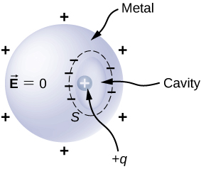 Uma esfera de metal com uma cavidade é mostrada. É rotulado como vetor E igual a zero. Há sinais positivos ao redor dele. Há uma carga positiva rotulada mais q dentro da cavidade. A cavidade é cercada por sinais negativos.