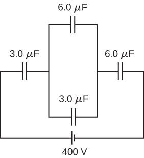 A figura mostra um circuito fechado com uma bateria de 400 volts. O terminal positivo da bateria é conectado a um capacitor de 3 micro Farads, seguido por uma combinação de dois capacitores em paralelo entre si, seguido por um quarto capacitor de valor 6 micro Farads, que por sua vez é conectado ao terminal negativo da bateria. Os capacitores paralelos entre si têm valores de 6 micro Farad e 3 micro Farad.