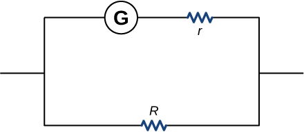 La figure montre un circuit à deux branches parallèles, l'une avec un galvanomètre connecté aux résistances r et l'autre avec la résistance R.