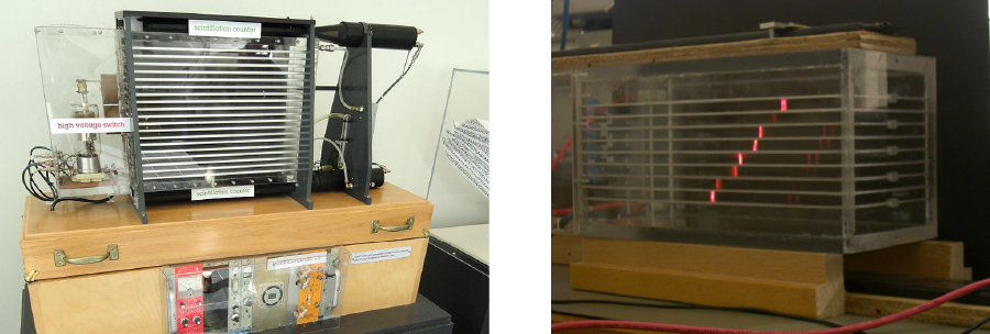 The first photo shows a spark chamber and the second photo shows its operation.