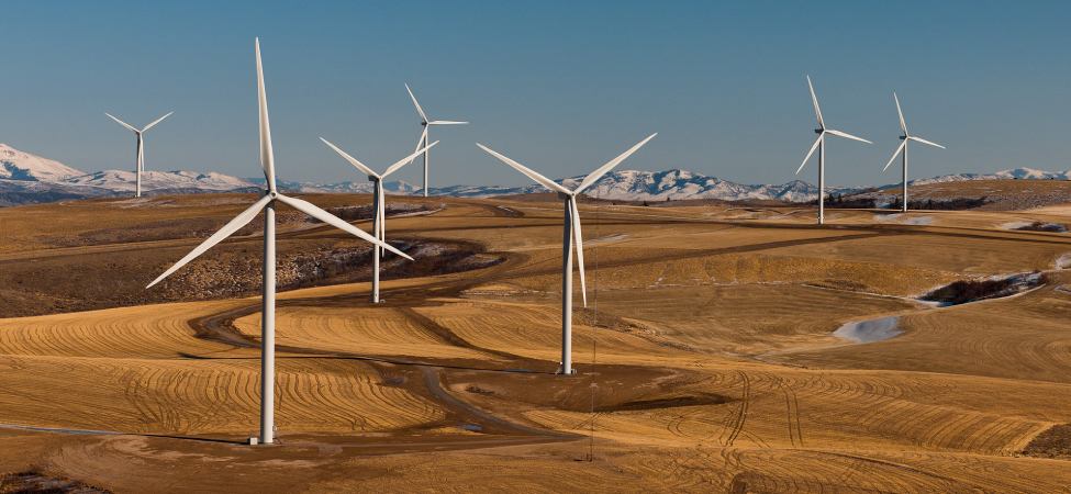 一张在沙漠中安装了多台风力涡轮机的风电场的照片。