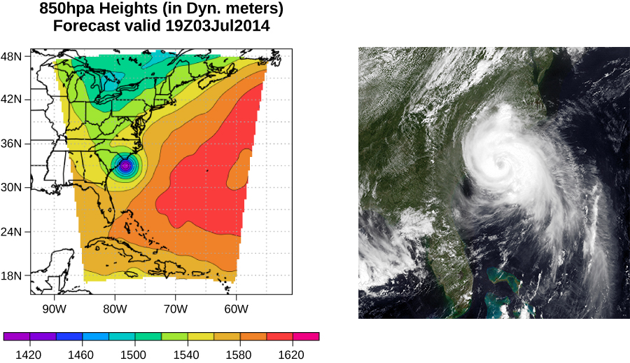 A figura à esquerda é um mapa de pressão do furacão Arthur viajando pela costa leste. O centro de baixa pressão é indicado como o ponto azul. A figura à direita é uma foto de satélite do furacão Arthur viajando pela costa leste dos Estados Unidos.